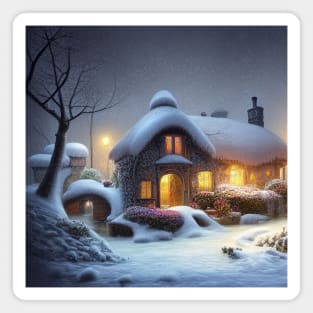 Magical Fantasy House with Lights in a Snowy Scene, Fantasy Cottagecore artwork Magnet